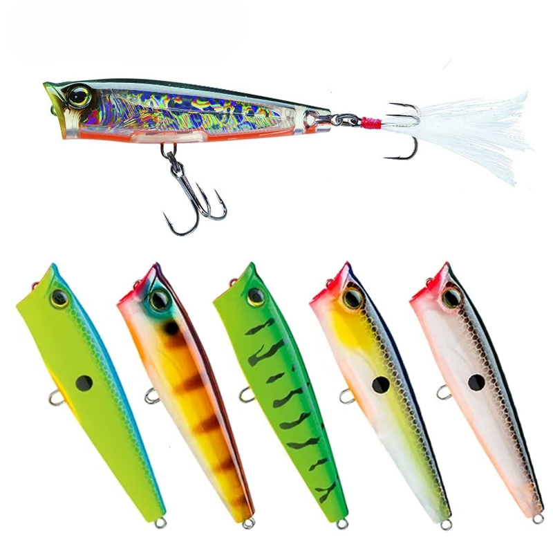 Cheery Topwater Ushpopper 3D Eyes Lure with Feather Hook Shaker Silicone Sea Fishing Lure for Bass Tuna for River Stream Fishing – Popper – view 1