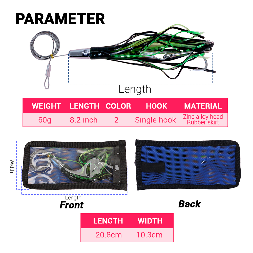 Saltwater Octopus Trolling Fishing Lure 60g 8.2inch Rig Octopus Skirt Stainless Steel Jetted Head Trolling Lures – Octopus Skirt – view 2
