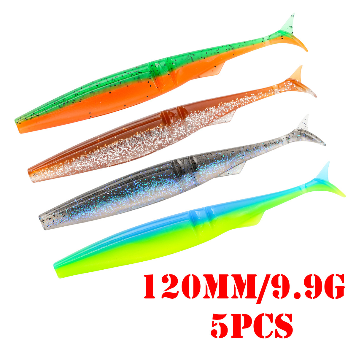 Cheery Crappie Fishing Lure Multi-section PVC Lure Artificial SINGKING Soft Bait T-Tail Perch Dogfish 12cm/9.9g 5PCS Without Hoo – Worms & Grubs – view 1