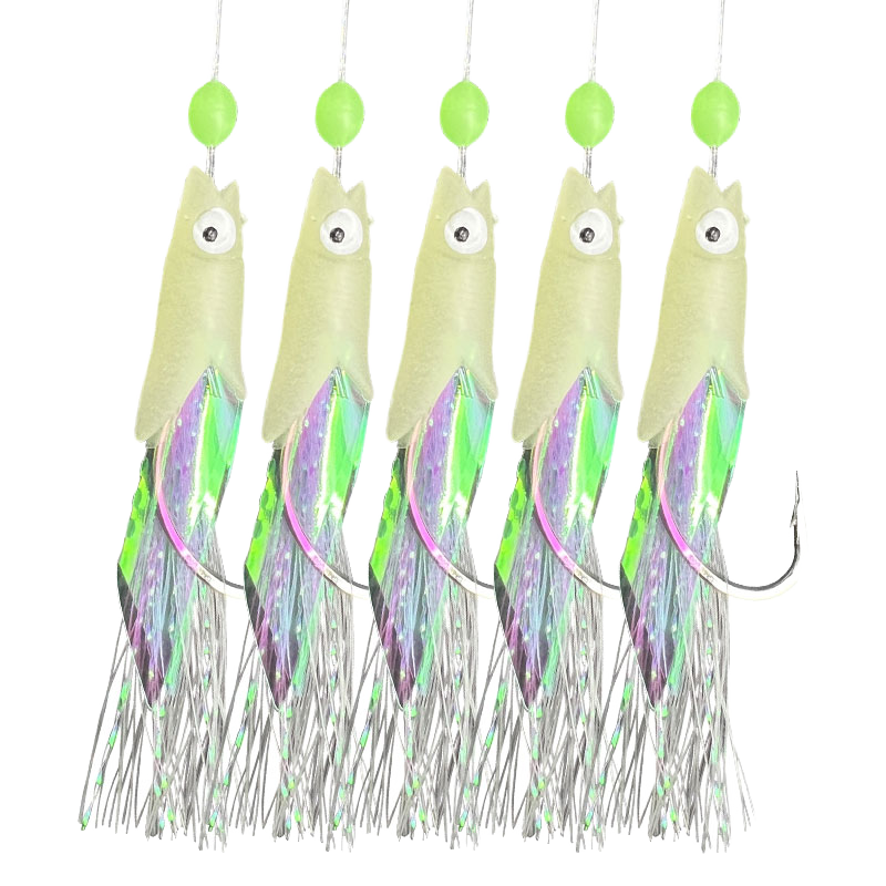 5 Hooks Plastic Sabiki Rigs Saltwater Fishing Lures Bait Rigs Real Fish Head String Hook Mackerel Glow Dark Flash – Soft Lure – view 1