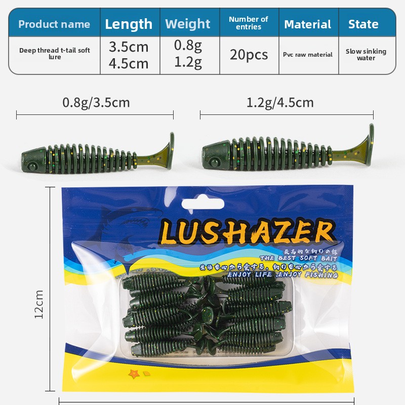 Shark Scavenger Bass 20-Piece Set Micro-Scented Spiral T-Tail Artificial Soft Bait Lures Stainless Steel Lead Head Hooks – Soft Lure – view 1