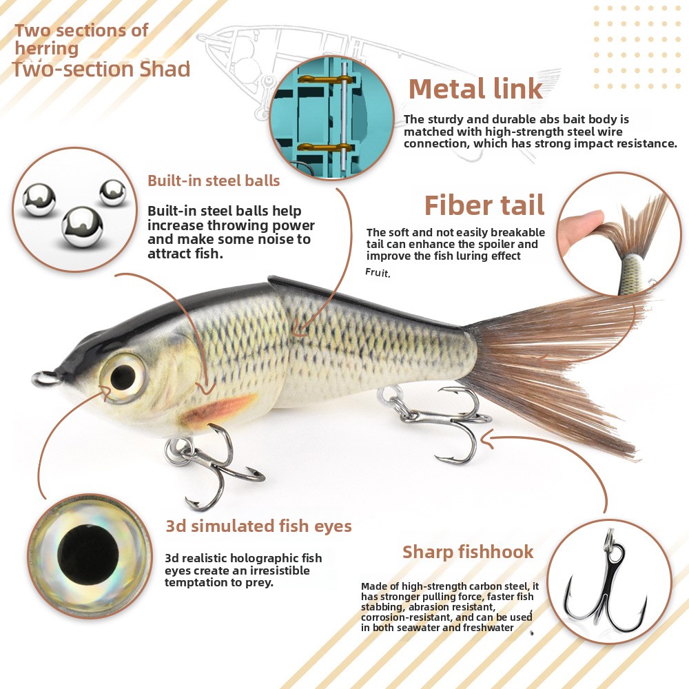 Mini Small Furry Tail Trout Lure, 120mm 2-Jointed Multi Section Bait with Metal Chain, ABS Plastic Saltwater Fishing Lure – Swimbait – view 2