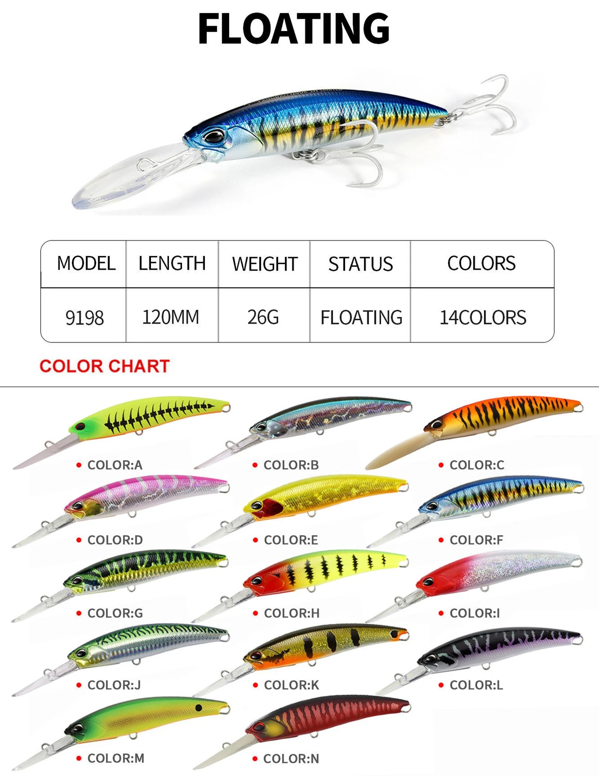 Long-Bill Hard Bait · Original model 9198 color & specification chart