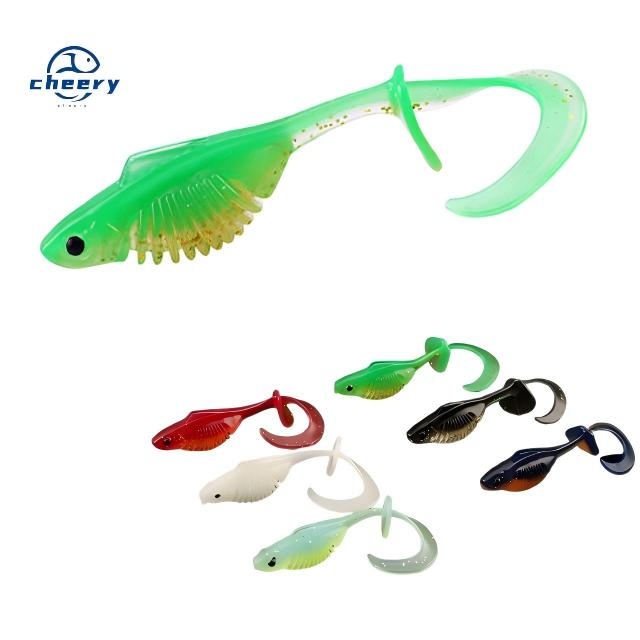CHEERY Printed PVC Floating Twisting Lure Baits Curly T-Tail Bass Mandarin Fish Zander Lake Stream River Micro Jig Heads · Original source photograph · specifications to confirm