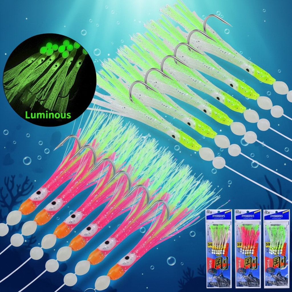 Vikinger Soft Octopus Lure Rig 14.5g 180cm Line 6pcs Trolling Tackle Fishing Hooks Artificial Hard Bait Minnow Saltwater Fish · Original source photograph · specifications to confirm