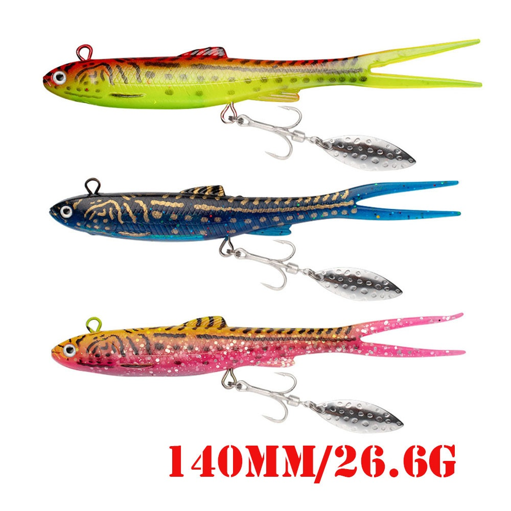 Cheery Fork Tail Lead Head Jig Lure with Spinner Blades and Treble Hooks for Bass Fishing · Original source photograph · specifications to confirm