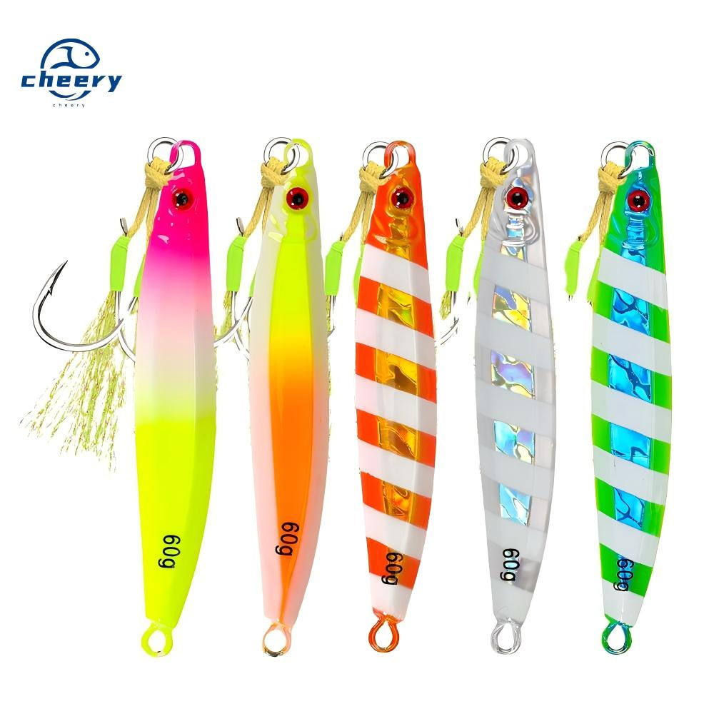 CHEERY New Style 30g 40g 60g 80g Colorful Laser Metal Jig Bait Fish Lure Artificial Metal Jig Lures with Assist Hook · Original source photograph · specifications to confirm