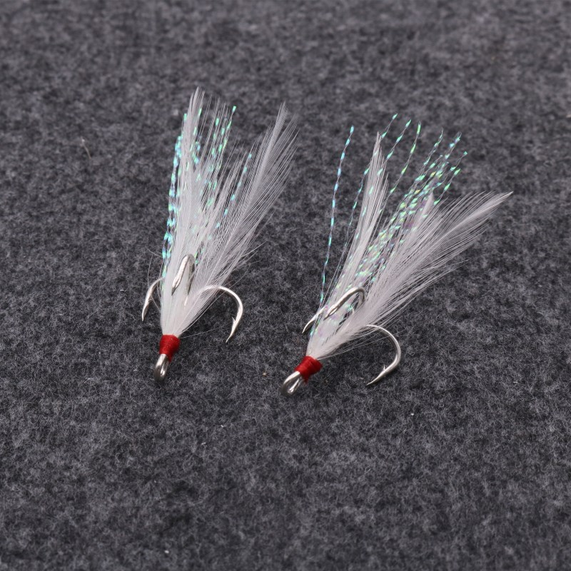 Aojin Blood Groove Feather Treble Hooks Triple Strengthened Big Eye Horse Mouth Lure Fishing Gear 50 Pack · Original source photograph · specifications to confirm