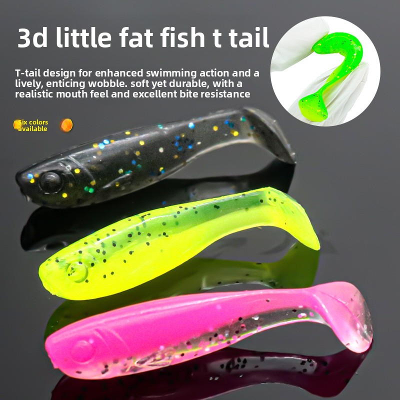 3D Small Fat Fish Root Fishing Two-color Luya Soft Bait T-tail Inverted Lead Hook Soft Worm Fishing Bait for Freshwater Fish 12 · Original source photograph · specifications to confirm