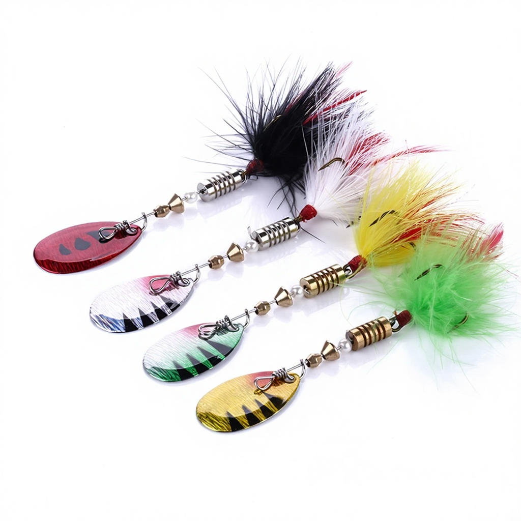 JIA Metal Rotating Sequin Live Bait Fishing Lure with Colorful Feather Hook 7cm 5.5g · Original source photograph · specifications to confirm