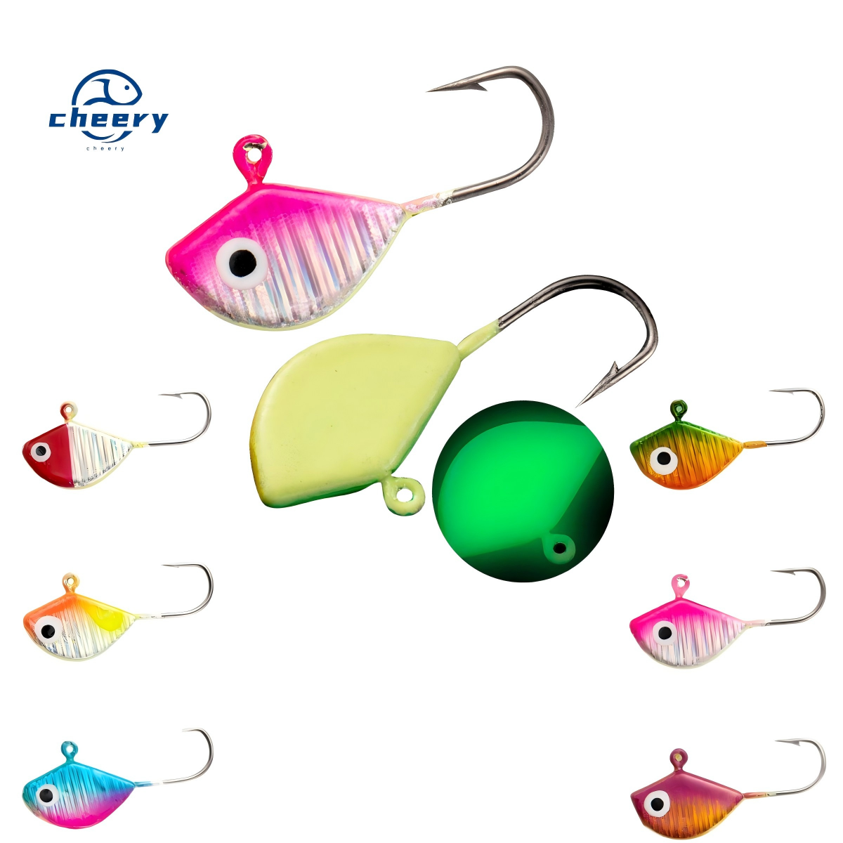 CHEERY Mini Teardrop Glow in Dark Micro Jig Head with 3D Eyes, Winter Ice Fishing Hook & Lure Tackle · Original source photograph · specifications to confirm