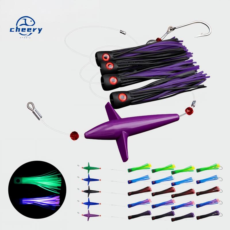 CHEERY Big Game Saltwater Fishing Trolling Topwater Bait Silicone 210g 155mm/6inch Rigged Set Mesh Bag Tuna Bird Marlin Mahi · Original source photograph · specifications to confirm