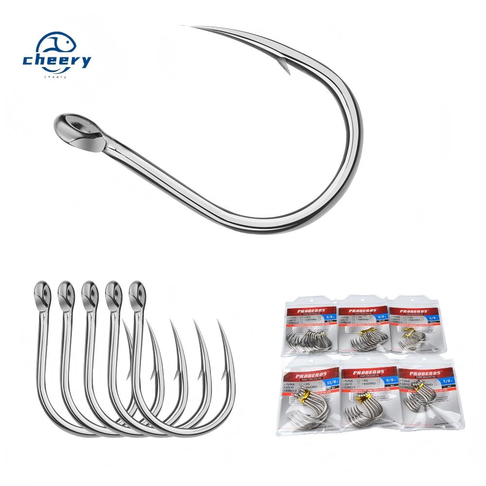 CHEERY 5pcs/bag Stainless Steel Bass Fishing Hook Big Game Freshwater Barb Hook with Ring 10/0-16/0 · Original source photograph · specifications to confirm